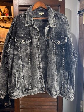 POL Distressed Black Corduroy Jacket with Stud Trim